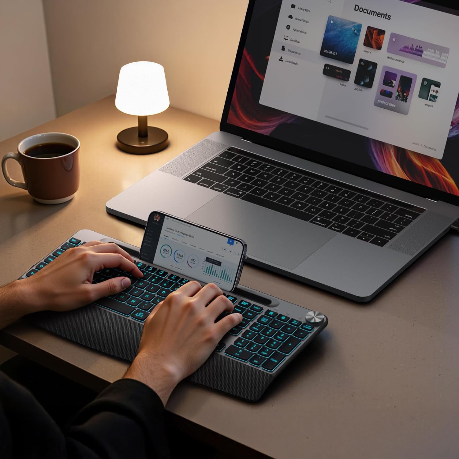 JOYACCESS Ergonomic Wireless Keyboard with Phone Holder,Rechargeable Backlit Wireless Keyboard with Wrist Rest and Volume Knob for Laptop, PC, Mac, Windows-Black Gray