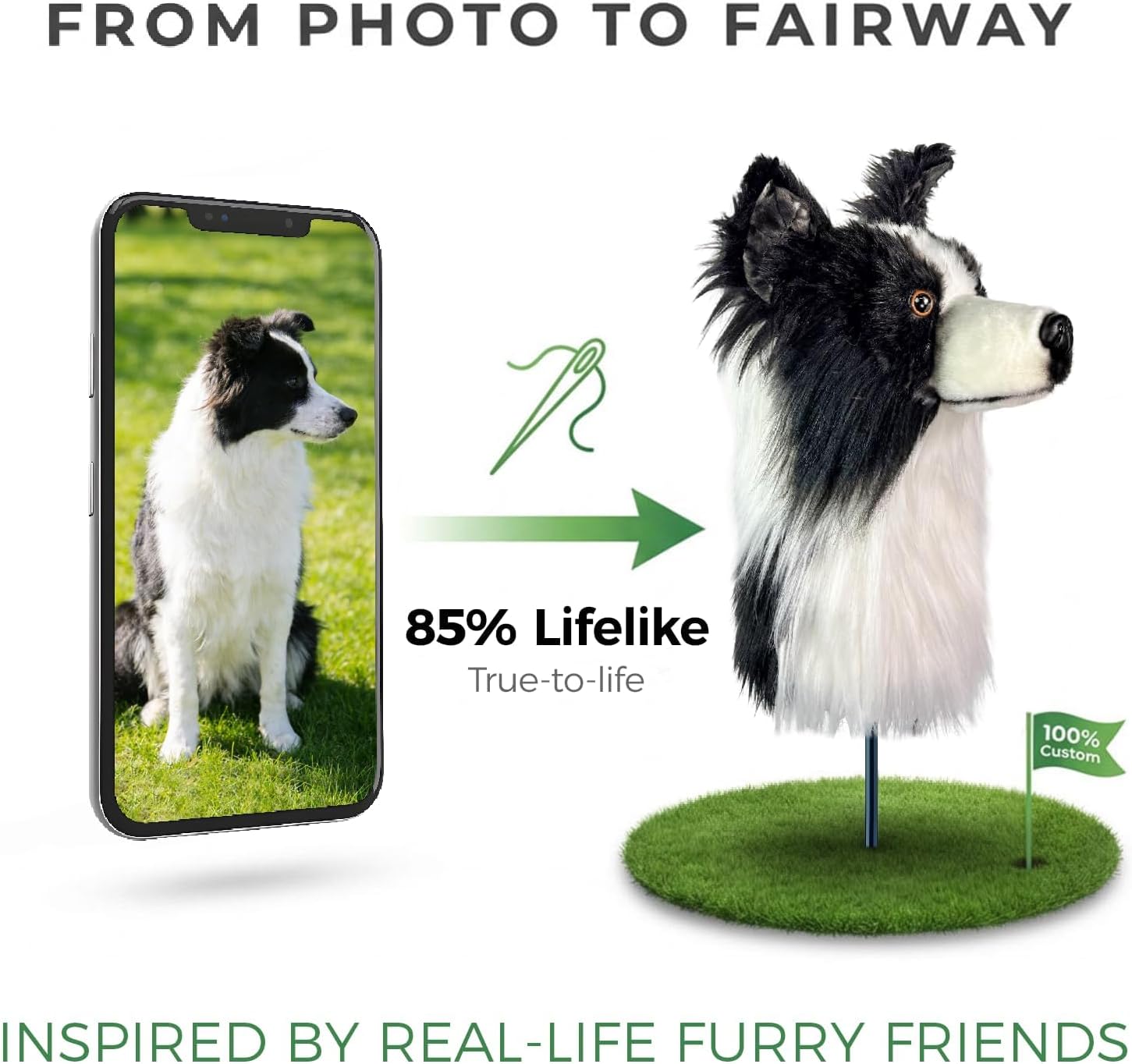 Border Collie Golf Head Cover - Lifelike Dog Golf Club Cover, Fits 460CC/450CC/440CC Drivers, Perfect Golf Gift for Men Women Golfers