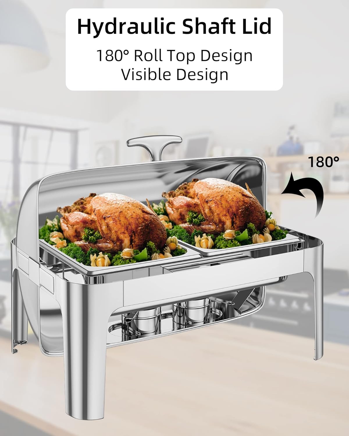 9QT Rectangular Roll Top Chafing Dish Buffet Set,Catering Food Warmer with 1 Full Size & 2 Half-Size Pans for Parties Catering