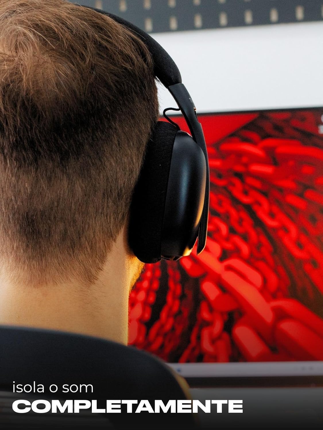 Person wearing headset, text says 'isolates sound COMPLETELY'