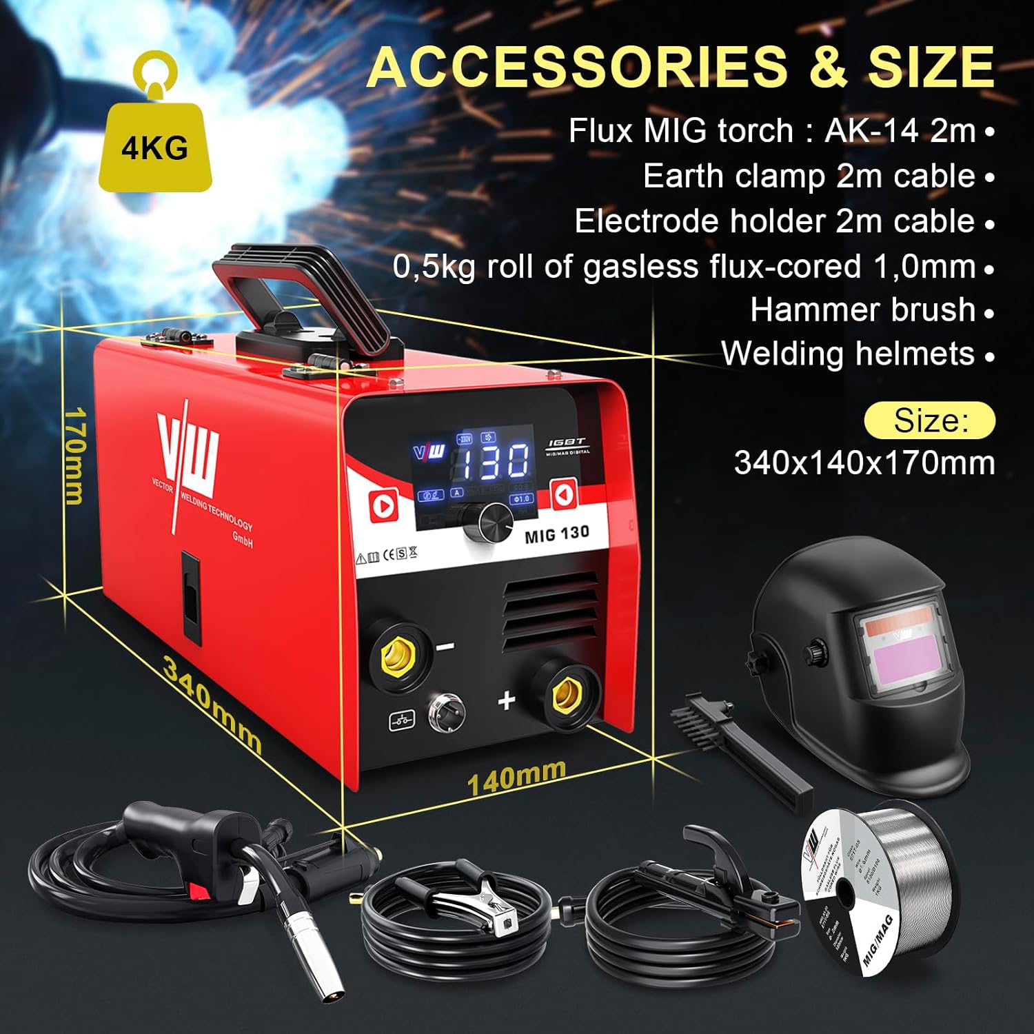 Accessories included with the MIG-130 welder