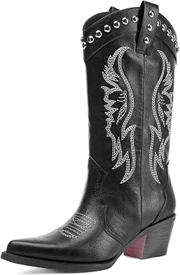 Tsrenlmln Cowboy Boots for Women with Classic Embroidered Slip On Pointed Toe Chunky Heel Pull On Fashion Retro