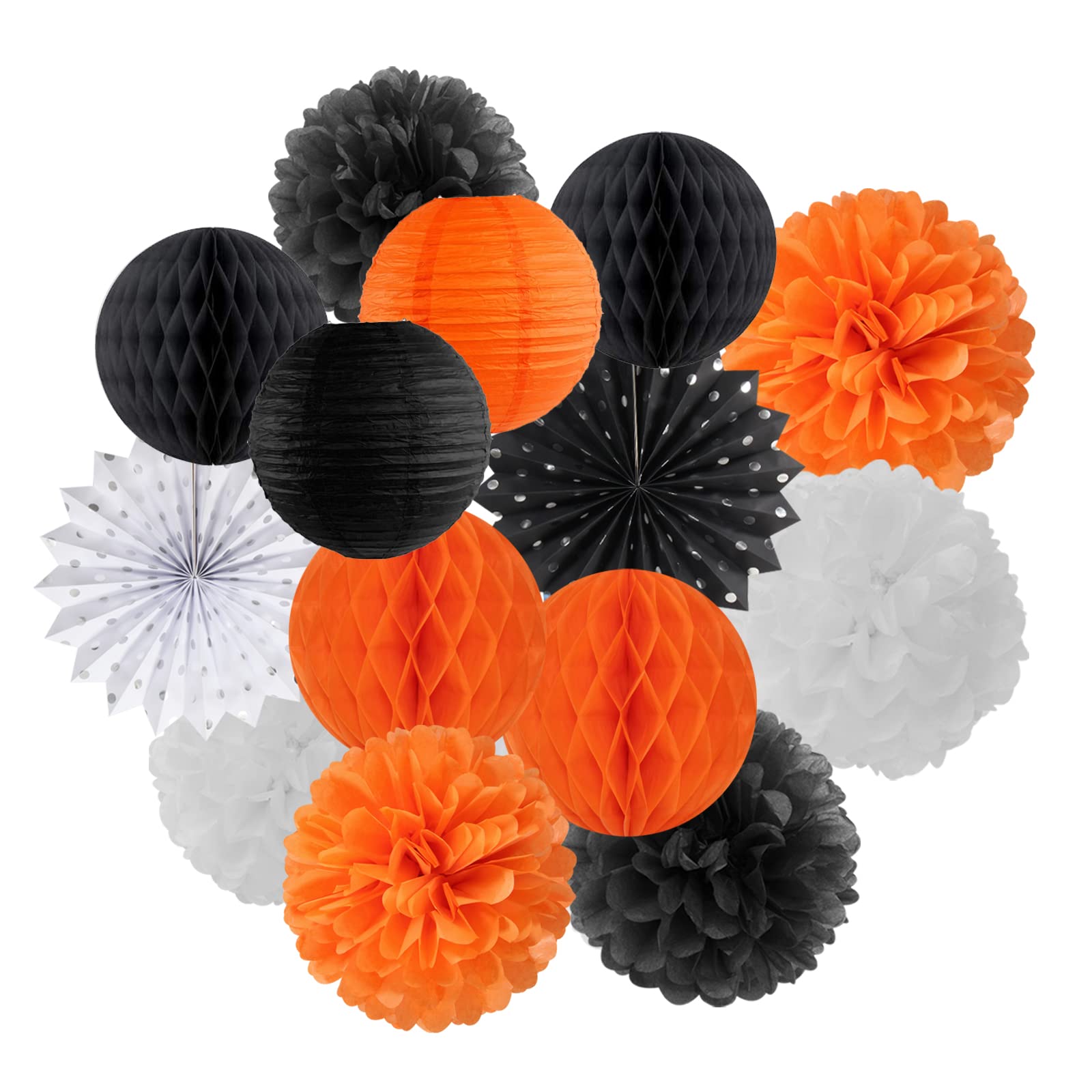 Black Orange White Halloween Party-Decorations - 14pc Kit Paper Lanterns Fan,Tissue Flower Pom Poms Streamers,Honeycomb Balls,Graduation 2024 Birthday Wedding Baby Bridal Shower Decor Lasting Surprise
