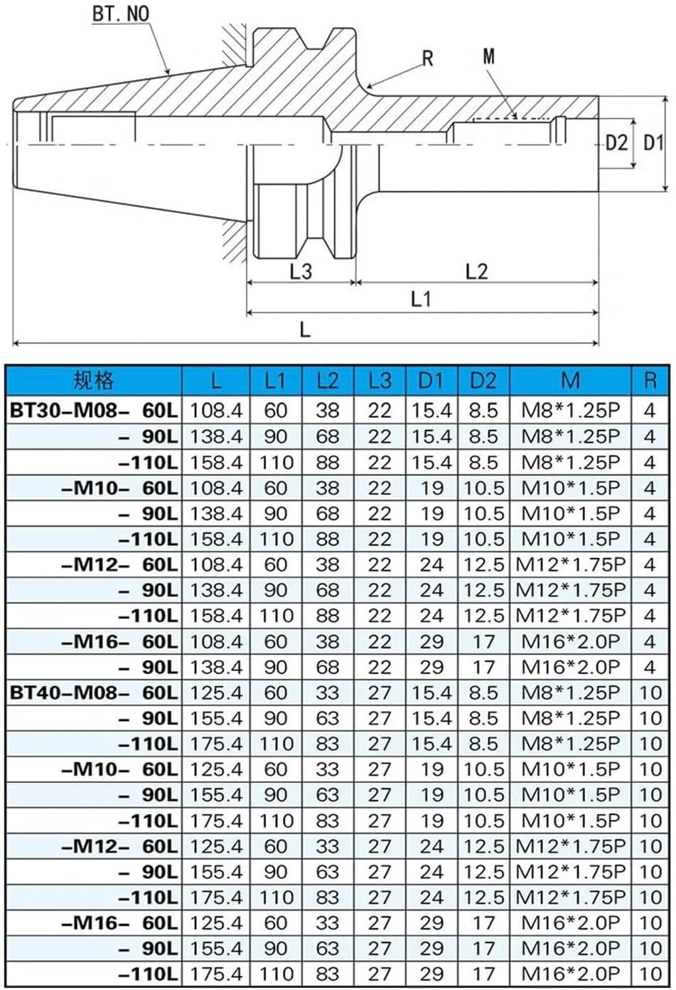 BT40 Threaded Connecting Rod BT30 M8 M10 M12 M16 Face Milling Tool Holder(BT40-M8-90L)