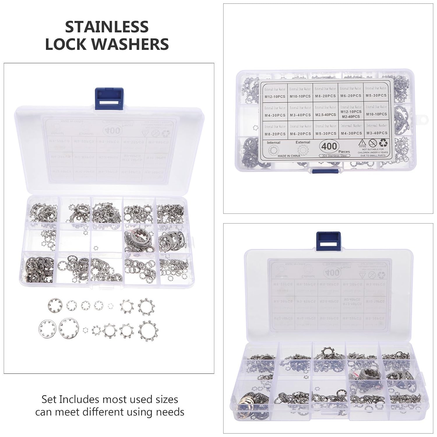 400 Pcs Stainless Steel Serrated Lock Washers Set with Internal and External Tooth Design, Corrosion Resistant Fasteners Kit in Plastic Case for Automotive and Marine Uses