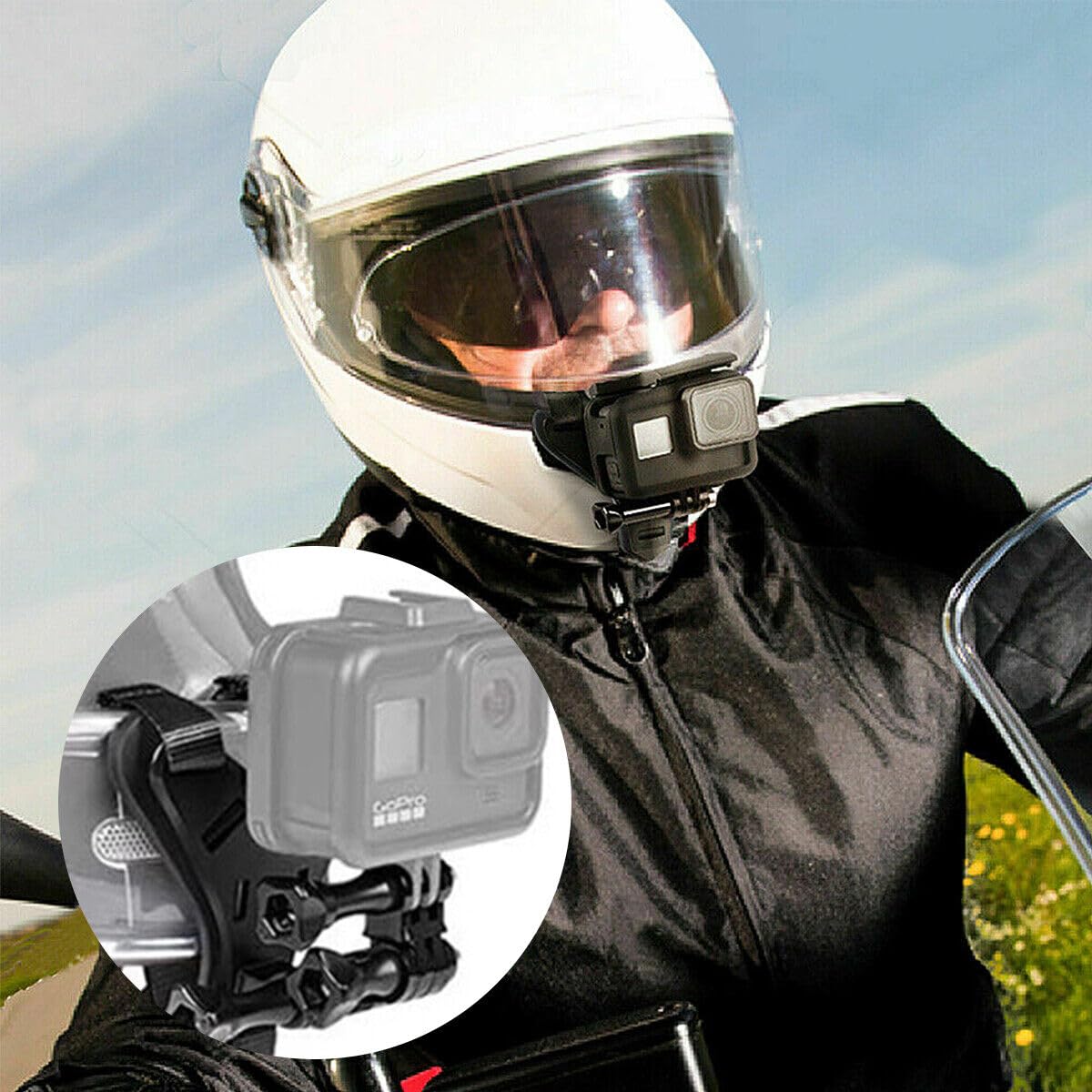 Supporto mentoniera casco motociclista, supporto videocamera GoPro Hero 2018 6 5 4 3 Session SJCAM AKASO Campark Polaroid Osmo (Black)