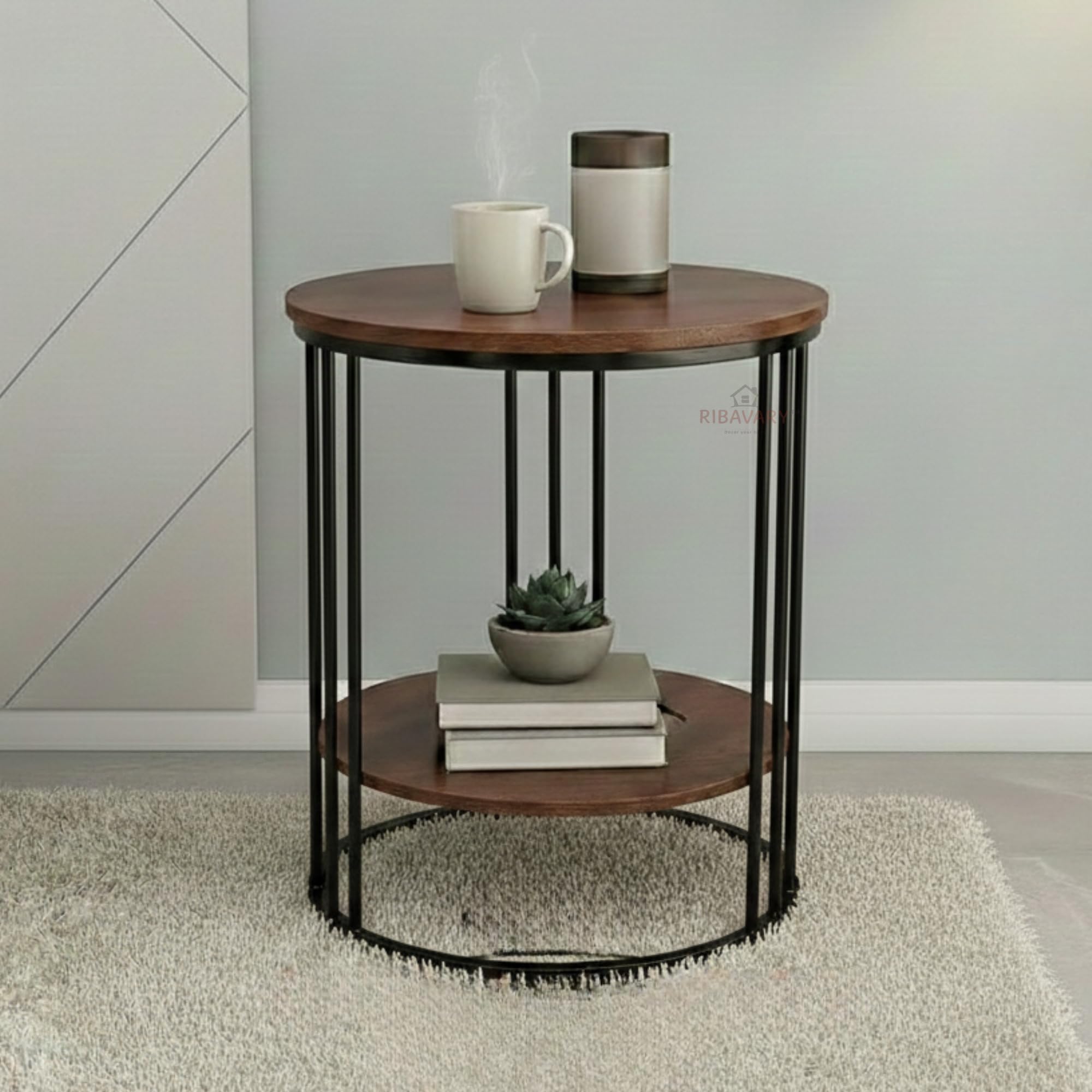 Metal Round Coffee Table with Extra Shelf for Living Room & Bedroom, Side Table for Small Spaces, Wooden Top & Metal Frame End Table, Modern Elegent Design (Black-Brown)-picture-12