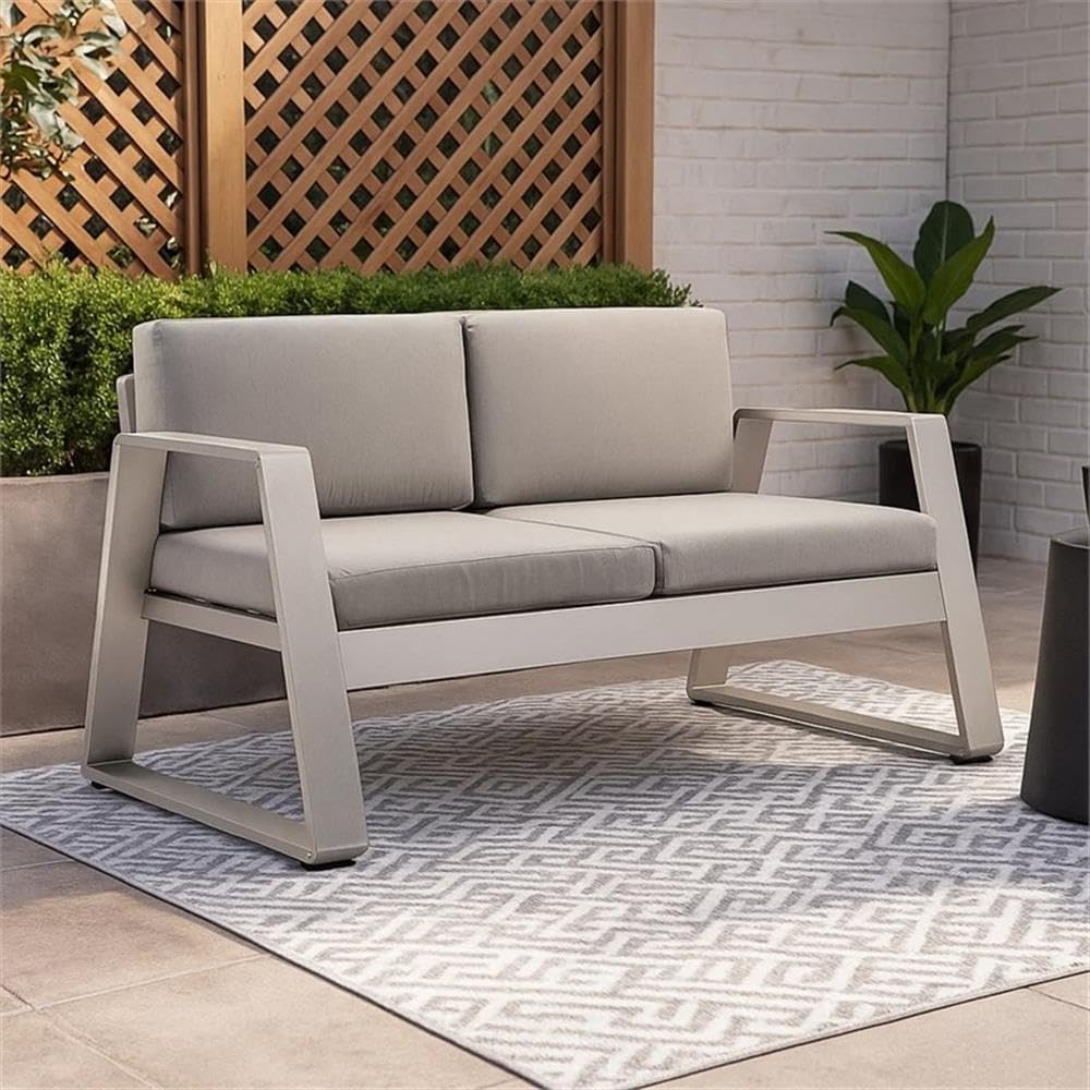Pemberly Row 57 Inch Outdoor Sofa, Aluminum Frame with Powder Coated Gray Finish, Fade and Weather Resistant Cushions, Modern Track Arms, Contemporary Patio or Backyard Seating for Relaxation