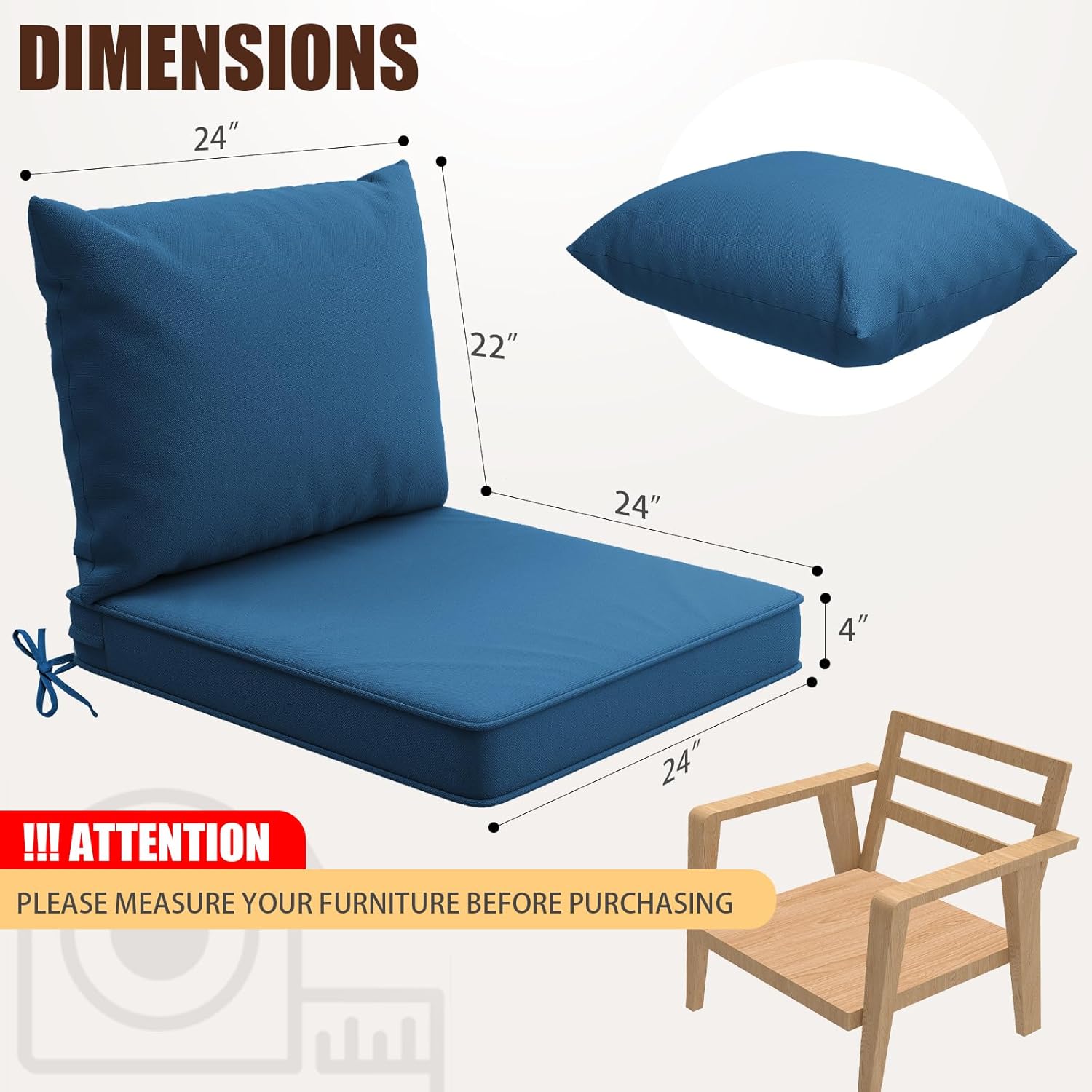 Outdoor Chair Cushions Set of 4, 24x24 Outdoor Cushions, 4-Seat Patio Furniture Cushions and 4’’ Couch Cushions Replacement for Chairs with 25D Foam, Zippers (Navy Blue)