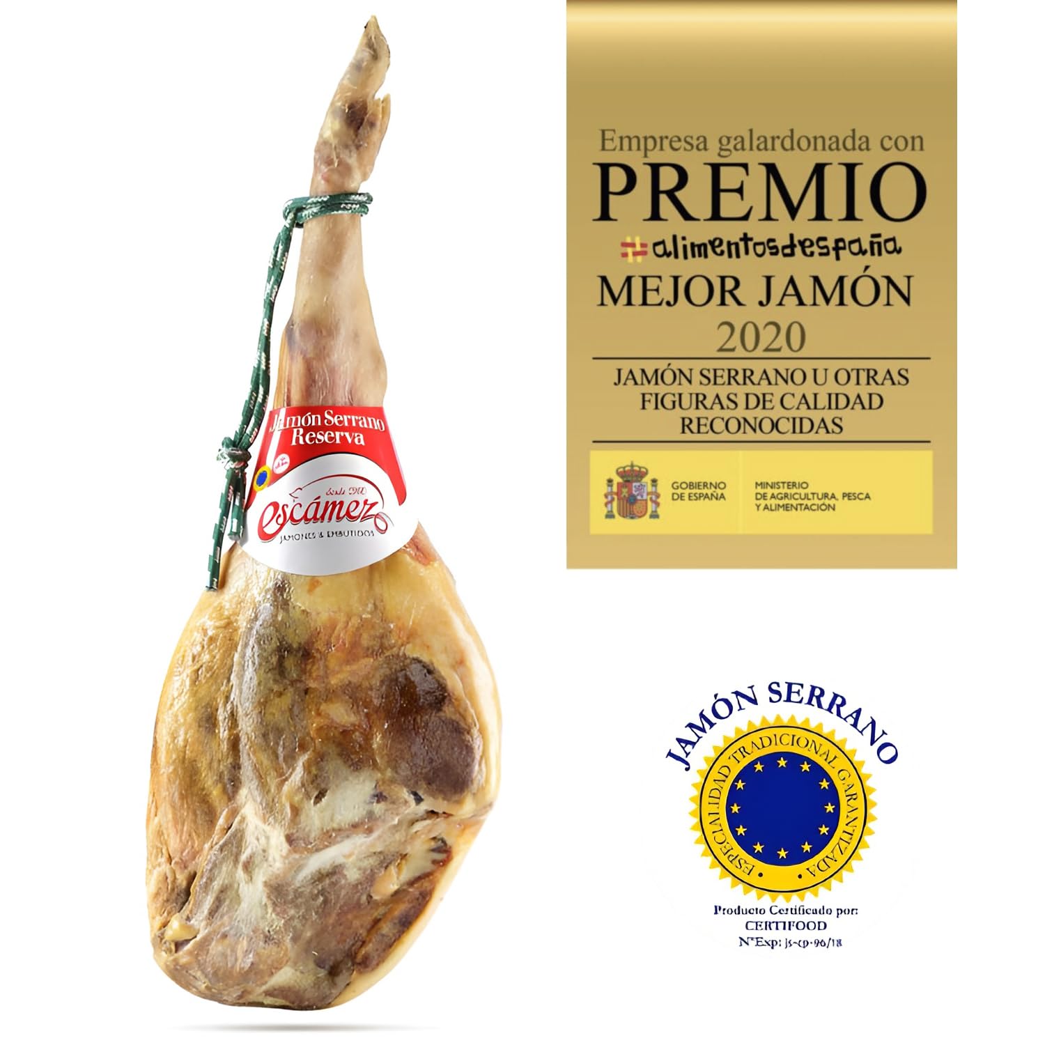 Jamon Serrano ETG Reserva C/P | Perniles de 8 a 9 kilos | Premiado al mejor Jamón 2020 | Jamón Serrano de Curación Superior a 20 meses | Sin Gluten