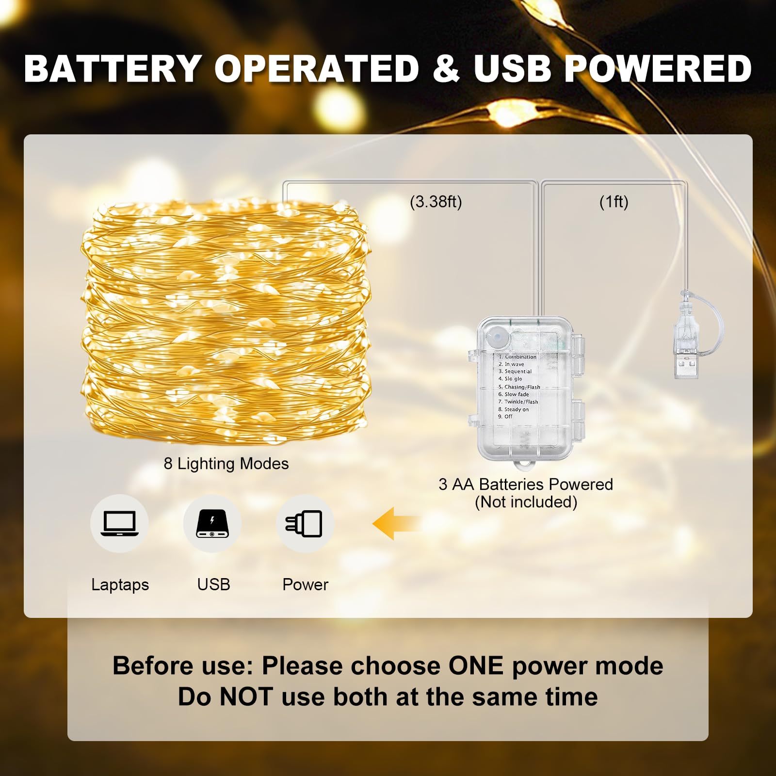 suddus Filo di luci decorative in rame flessibile, impermeabile, luce bianca calda, confezione da 2 pezzi per un totale di 40 m, 400 LED a batteria/USB, luci scintillanti per camera da letto