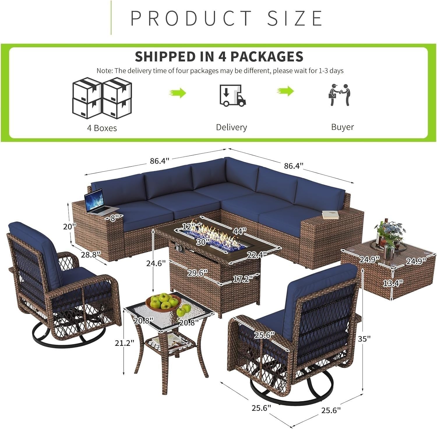 10 Piece Patio Furniture Set with Fire Pit Table and Swivel Chairs Rattan Outdoor Sectional Patio Conversation Sets with Seat Cushions for Backyard Deck Balcony Lawn