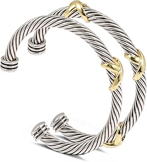 RTTACRTTCable Bracelets for Women - Two Tone Twisted Wire Cuff Bangle Set