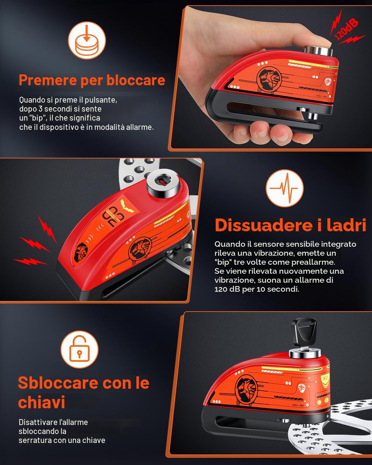 ZEXMTE Lucchetto per disco da moto con allarme, allarme antifurto ricaricabile da 120 dB con cavo promemoria da 1,8 m, lucchetto per motociclette pesanti impermeabile per moto, bici, scooter, e-bike