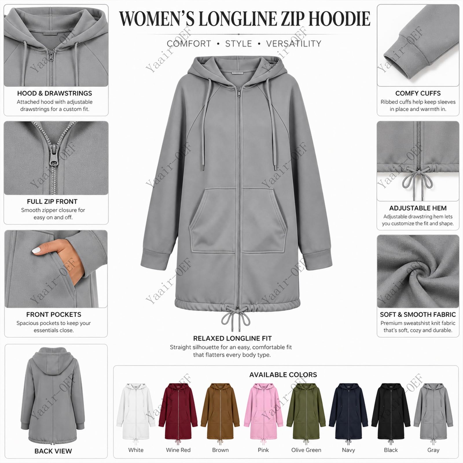 Veste Sweat Femme Longue Zippée à Capuche avec Cordon et Taille Réglable