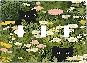 Decorative Switch Covers Plate Funny Cute Black Cat Colorful Flower Green Plant 3 Gang Wall Plate Oversized Triple Toggle Light Switch Plate Jumbo Faceplate for Bedroom Home Decor