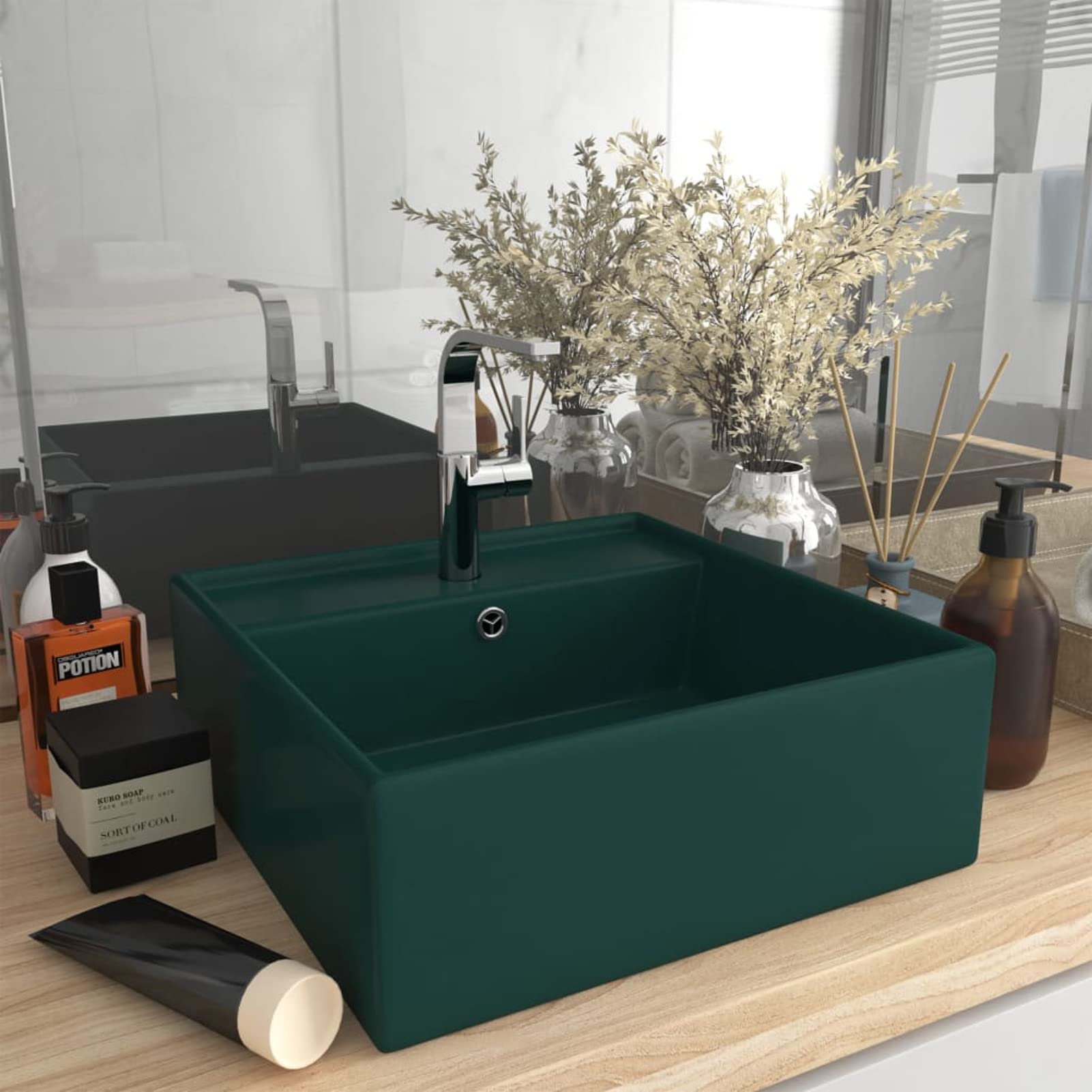 Lavabo de lujo cuadrado de cerámica mate verde oscuro 41 x 41 cm, lavabo, lavabo de baño, lavabo, lavabo, lavabo, lavabo de encimera