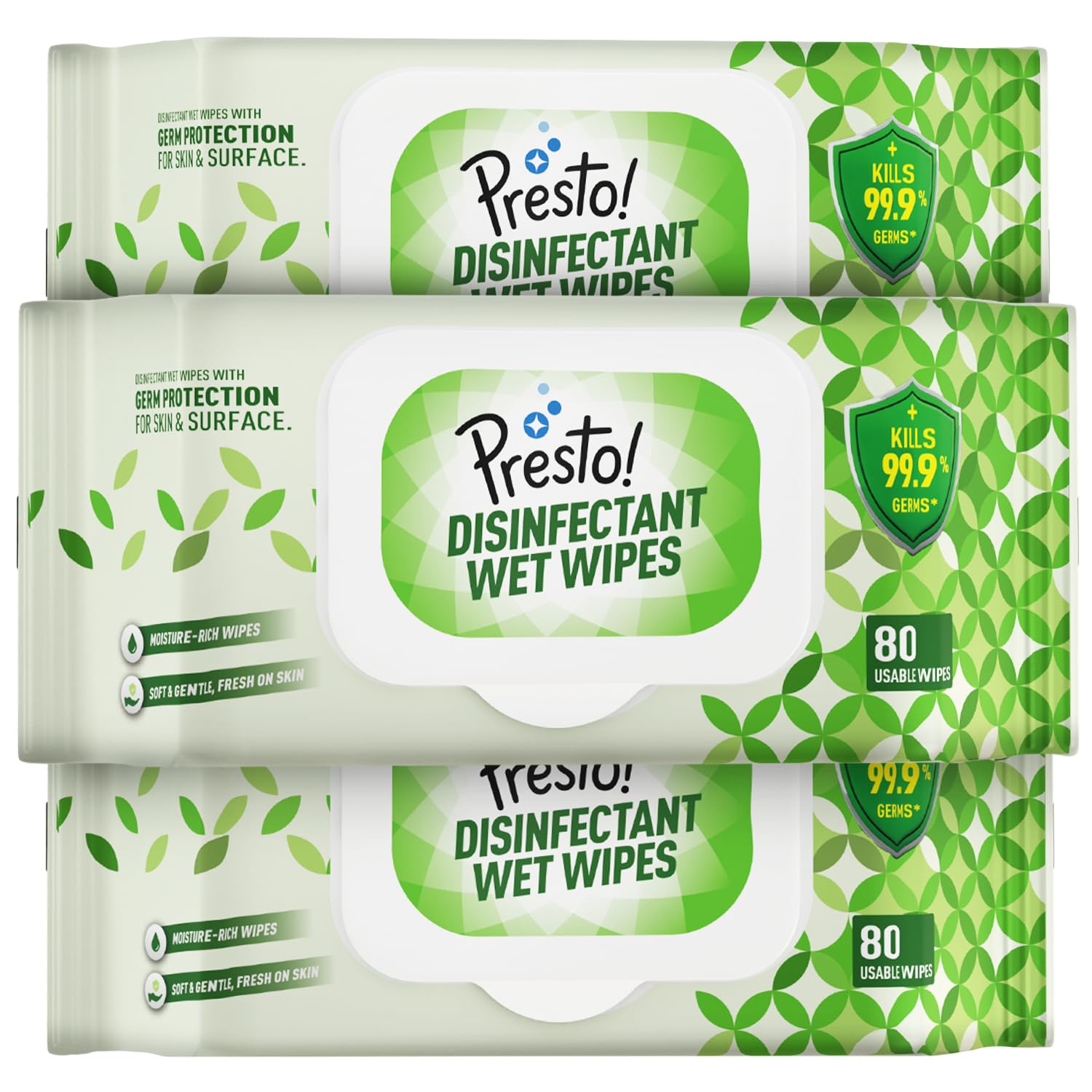 Amazon Brand - Presto! Disinfectant Wet Wipes With Lid | 240 Count | (80 Counts x Pack of 3) | Germ Protection for Skin and Surface