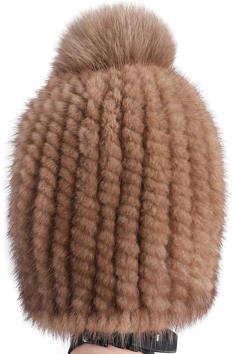 Genuine Mink Fur Knit Beanie Hat with Fox Fur Pom Pom, Luxury Winter Wear, Unisex Adult, Stretchy Elastic Fit