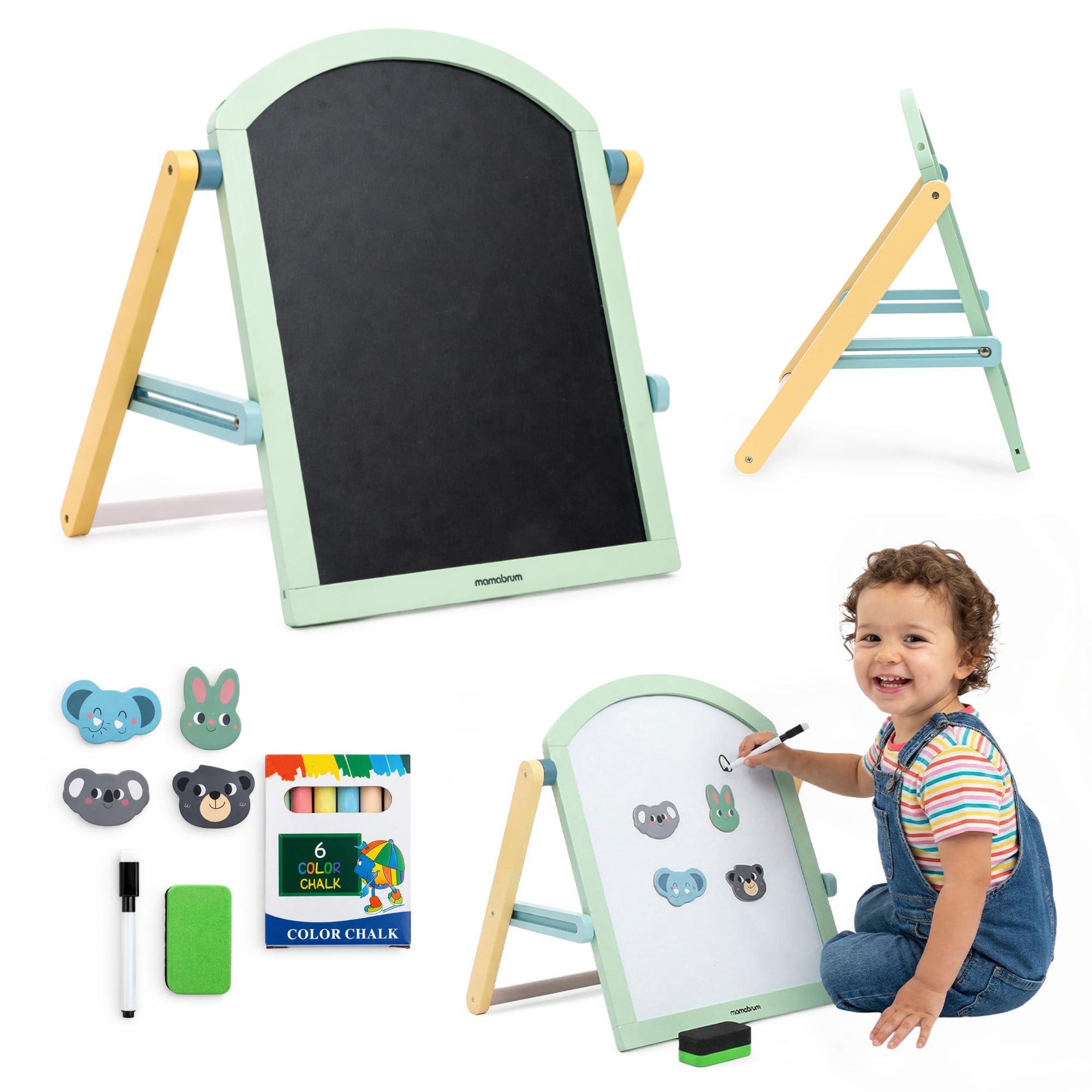 Mamabrum Doppelseitige Kinder Holztafel 2in1 Magnettafel Kreidetafel mit Ständer klappbar Lerntafel mit Zubehör zum Schreiben Malen für Kinder ab 3 Jahren