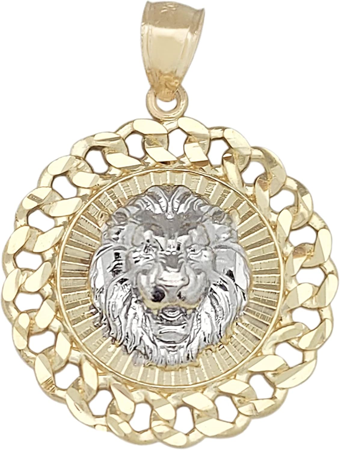 10K Yellow Gold Lion Pendant Round Medallion Cuban Link Frame