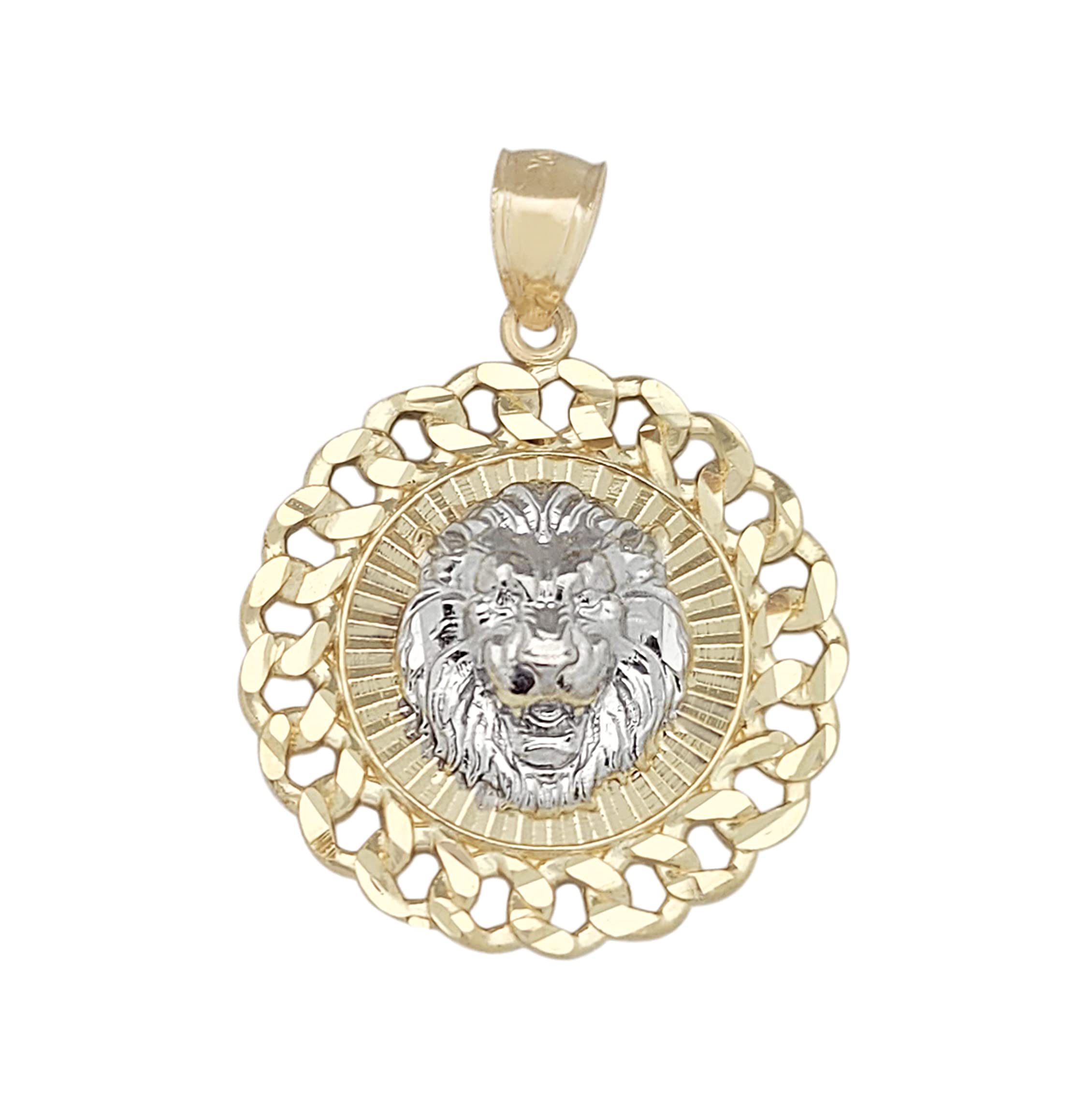 AMZ Jewelry 10K Yellow Gold Lion Pendant Round Medallion Cuban Link Frame