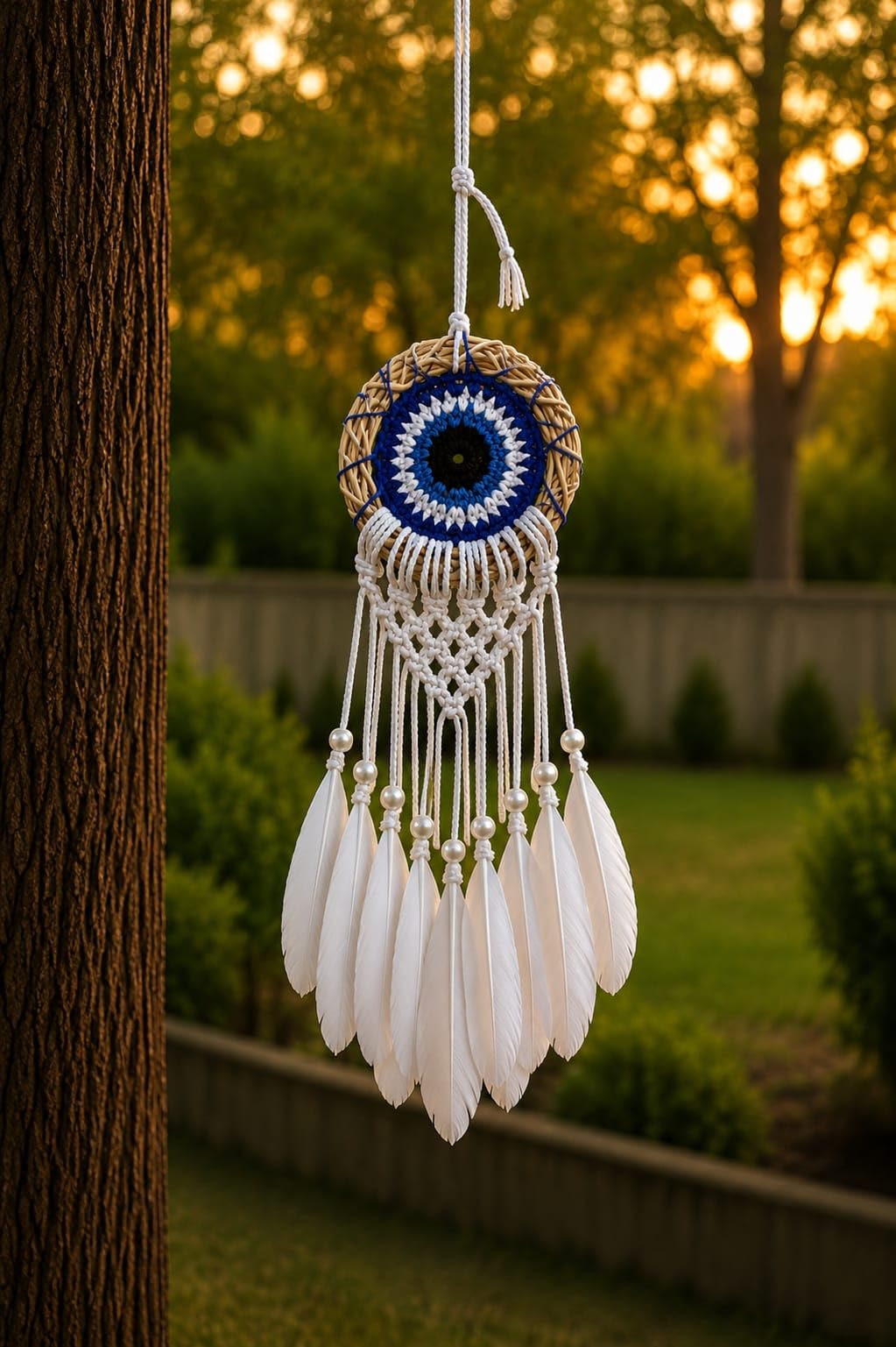 Handmade Evil Eye Dream Catcher with White Feathers – Blue Woven Wall Hanging for Bedroom, Nursery, Boho Home Décor & Protection Charm (Evil Eye Wood)-image-22