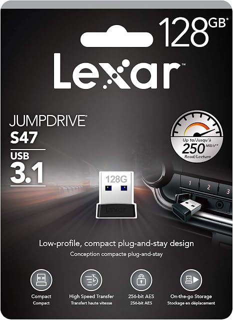 Lexar Jump Drive S47 Range 128 GB USB Stick 3.1 Extra Slim Plug and Stay Design, LJDS47-128ABBK