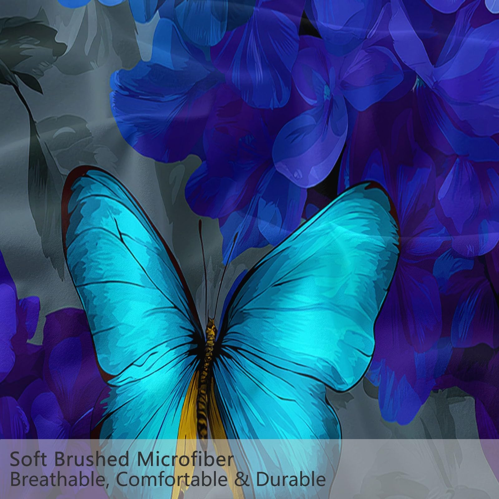 Generico Sztuka cyfrowa Hortensja Butterfly 3-częściowy zestaw poszewek na kołdrę 200 x 200 cm, ciemnoszary nadruk poszwa na kołdrę z zamkiem błyskawicznym i poszewkami na poduszki, poszewka na kołdrę