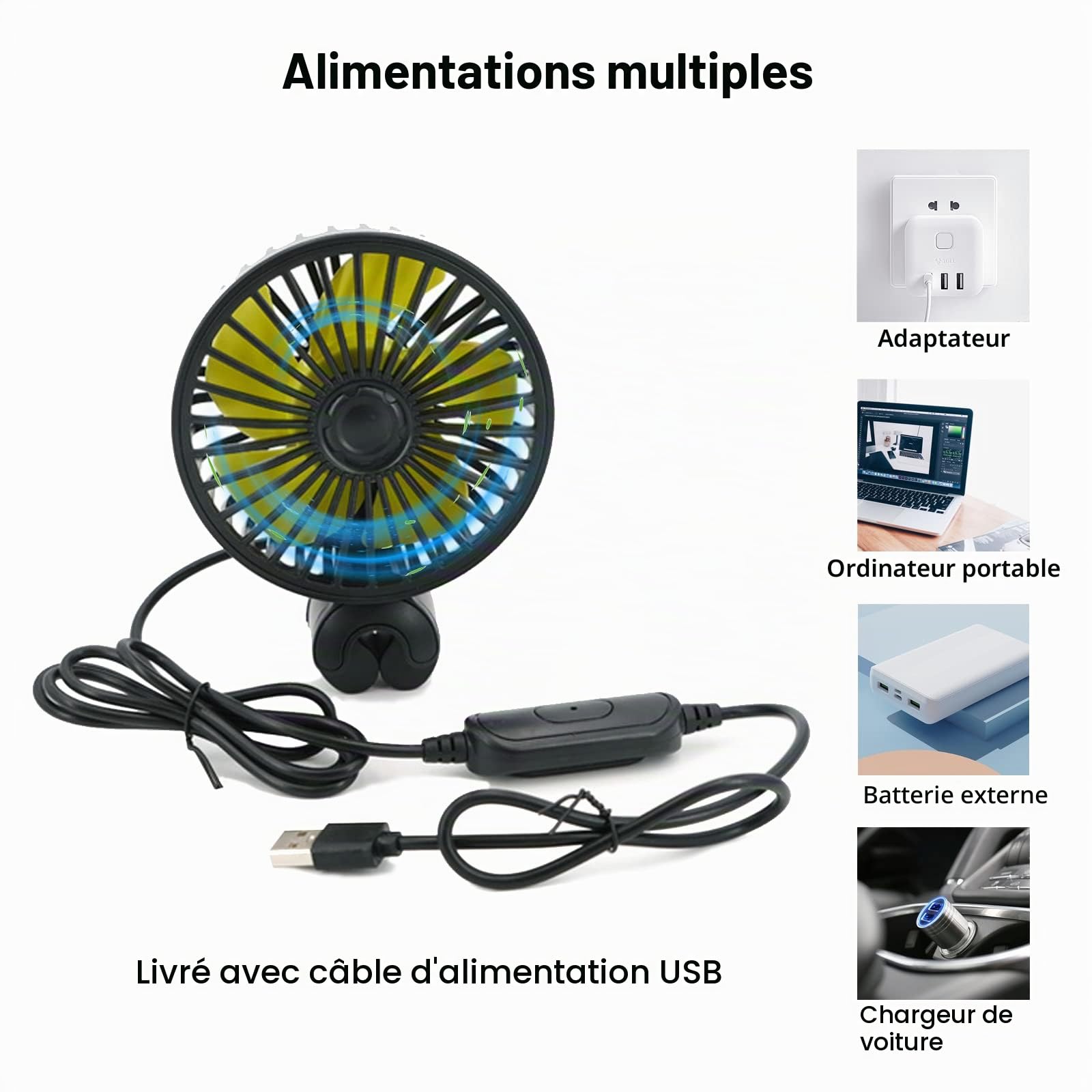 Qidoe Ventilateur USB pour Voiture, Ventilateur Pour Siège Arrière et Enfants avec 3 Vitesses et Rotation 360° Compatible avec Voitures, SUV, Camions, Caravanes, Bateaux, Camping-cars