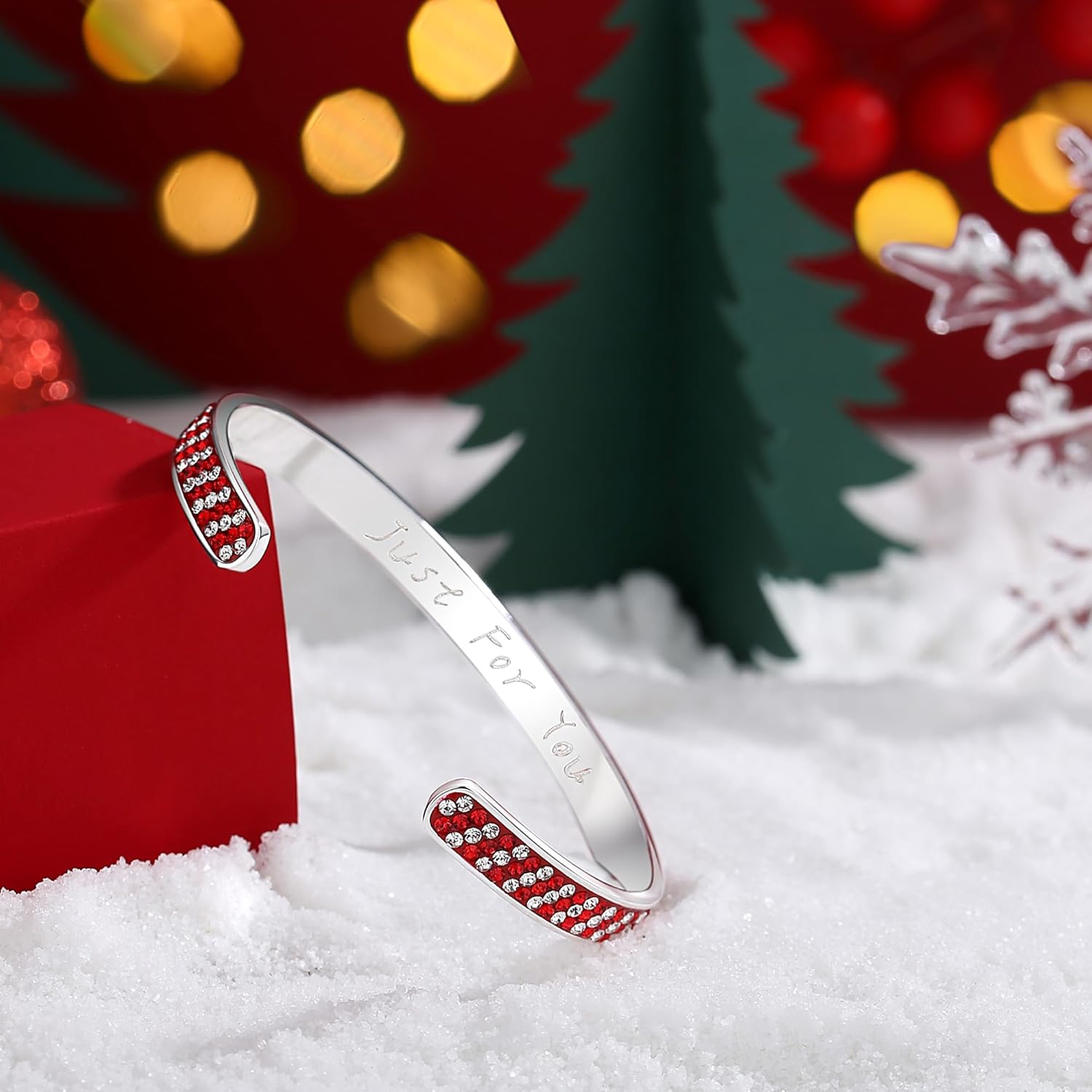 Christmas Bracelet, Silver Plated Red and Green Cuff Bracelet, Sparkly Crystal Bracelet For Women Fashion Jewelry