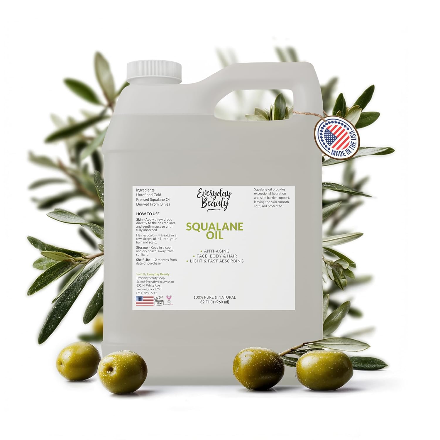 Squalane Oil Bulk- 32 oz 100% Pure & Natural Plant Derived Facial Oil - Cold Pressed and Unrefined Premium Grade Multipurpose Moisturizing Oil For Skin and Hair