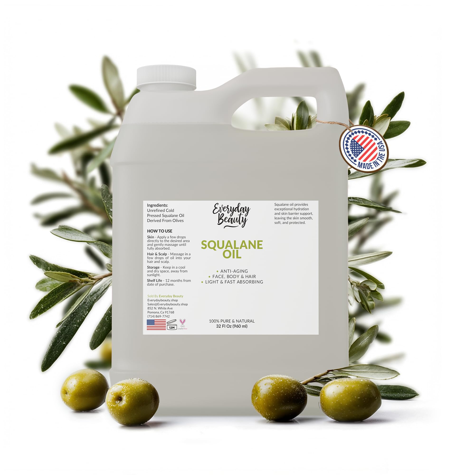 Squalane Oil Bulk- 32 oz 100% Pure & Natural Plant Derived Facial Oil - Cold Pressed and Unrefined Premium Grade Multipurpose Moisturizing Oil For Skin and Hair