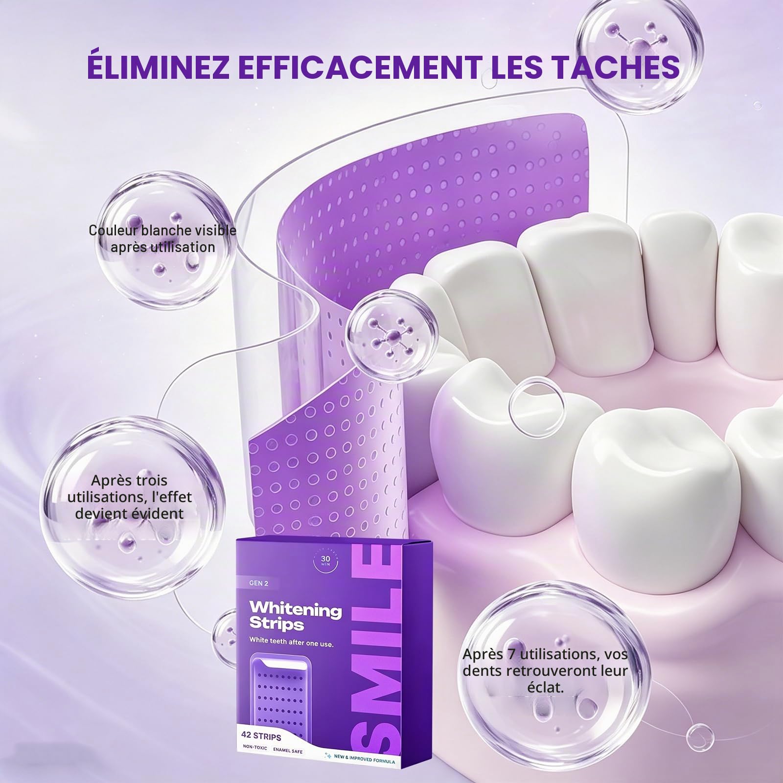 Bandes de Blanchiment Dentaire Violet 42 Bandes Whitening Strips Efficace | 42 Bandes Blanchissantes Dents Violettes, Blanchiment Dentaire sans Peroxyde Élimine Taches Café/Thé/Vin Sourire éclatant