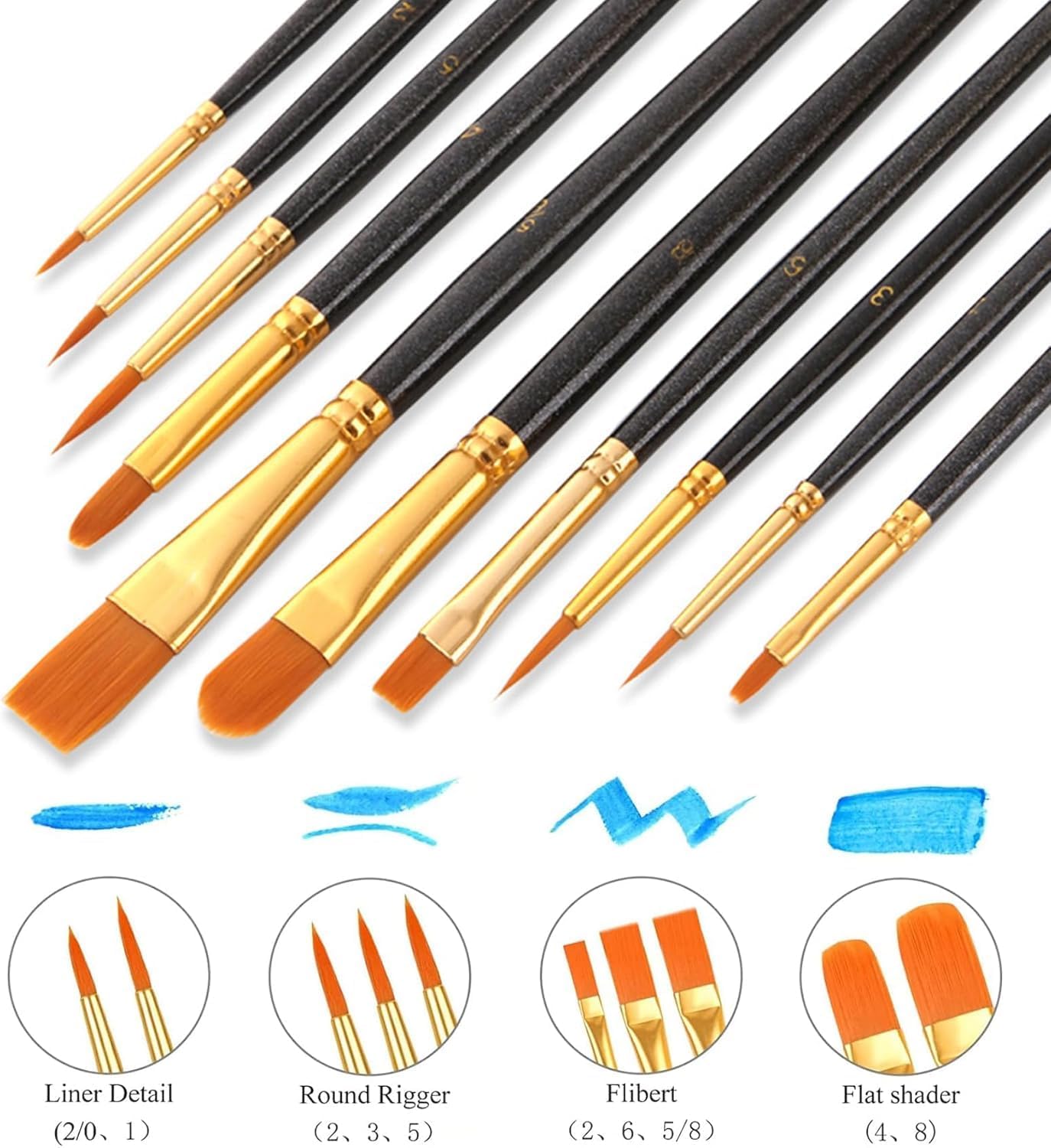 10 x Acrylic Paint Brushes, Nylon Smooth Bristles, 10 Different Sizes, for Gouache & Acrylic, Children and Lovers