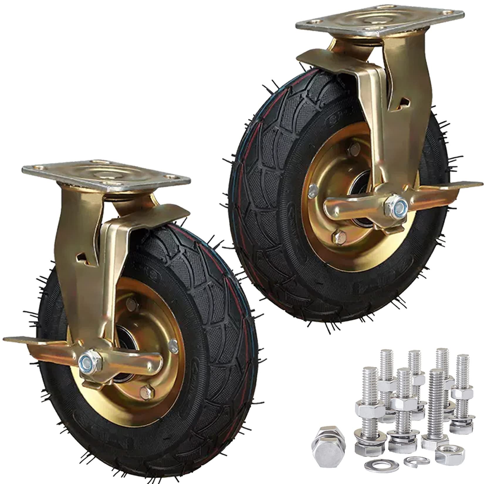 GBRJUYF Heavy-Duty 200mm/250mm Swivel Casters with Brake - 2-Pack Double Bearing Rubber Pneumatic Wheels for Tool Carts & DolliesTransport Solutions
