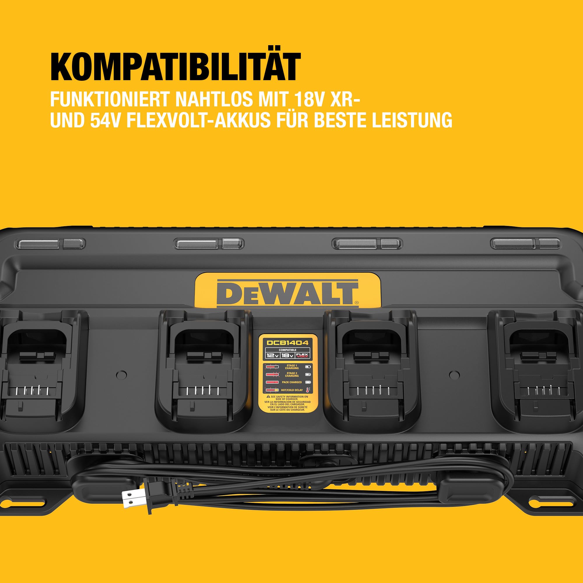 DEWALT XR Quadport-Ladegerät 4A, DCB1404-QW | Quadport-Ladegerät 4A für 4 Akkus 18V XR und 54V FlexVolt mit Lade-LED, Wärmeschutz, Kabelaufwicklung und Wandmontage.