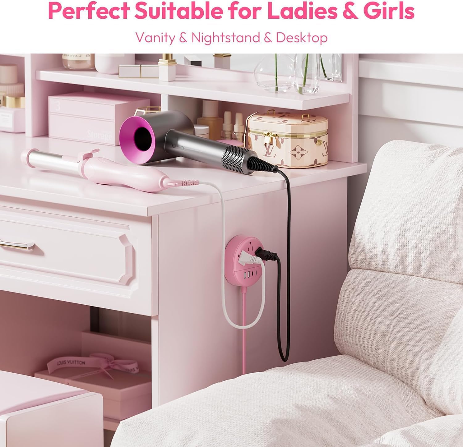Pink 2 Prong Power Strip with USB-C, NTONPOWER 1875W/15A 2 Prong to 3 Prong Outlet Adapter, Rotating Plug,Pink Extension Cord 5 FT,3 Outlets 4 USB Port, Ideal for Old House, Vanity Desk, Office,Travel