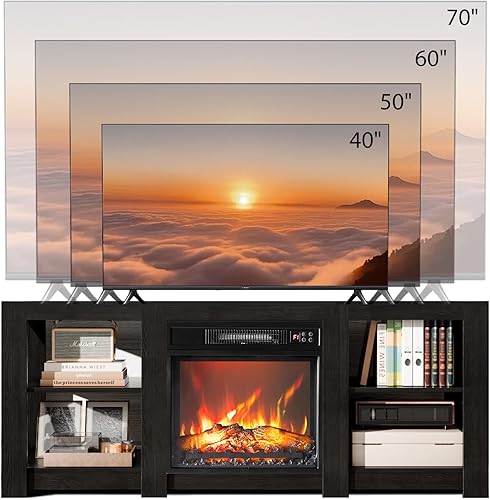 Vista 6 de Bonnlo Soporte de TV con chimenea para televisores de hasta 70 pulgadas, centro de entretenimiento rústico con calentador eléctrico y estantes