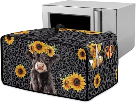 Highland Cow Print Air Fryer Toaster Smart Oven Dust Cover Sunflower Leopard Print Bread Maker Cover with Accessory Pockets for Kitchen Counter, M