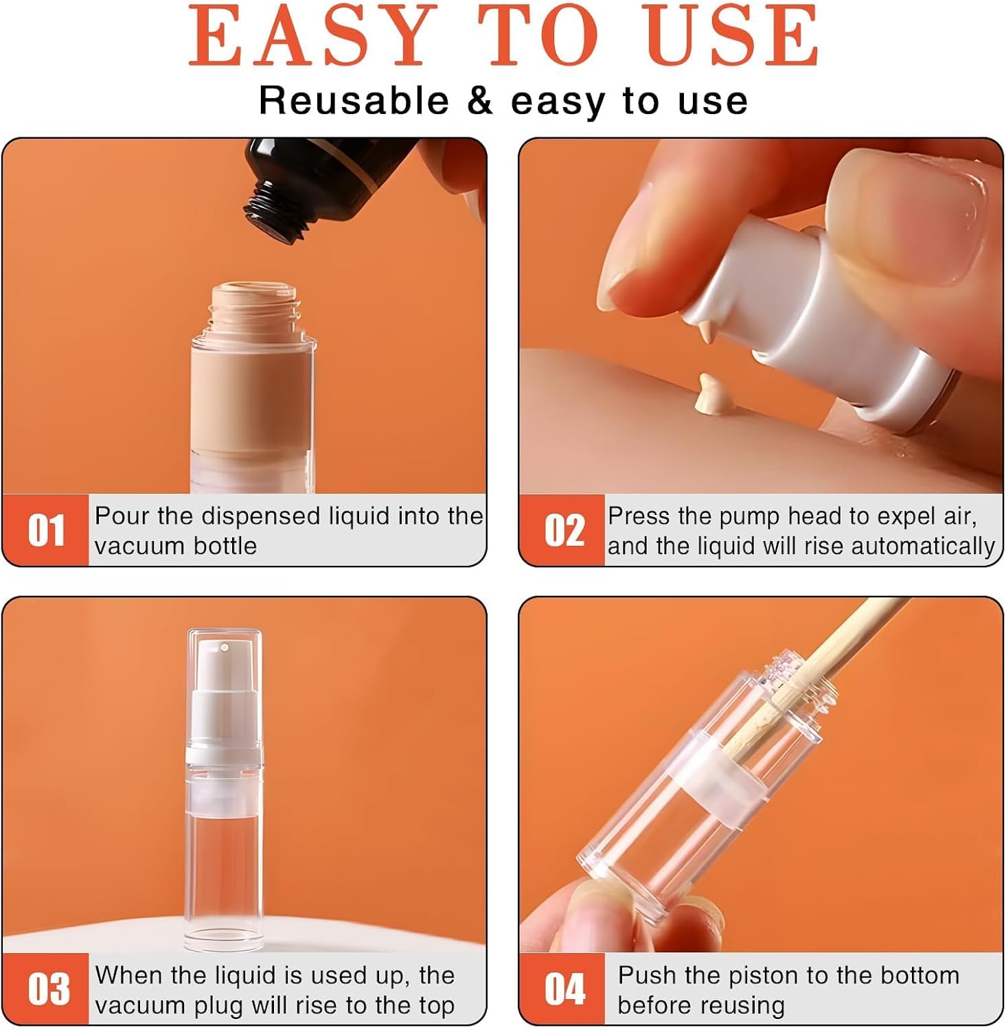 Airless Pump Bottles - Refillable Vacuum Travel Containers for Lotion, Cream, Serum, Foundation, Leak-Proof Clear Plastic Mini Dispensers, BPA-Free Travel Toiletry Pump 4 Pack 10ml