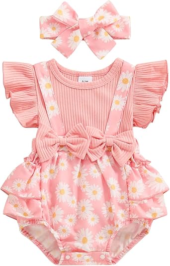 Newborn Baby Girl Outfit Fly Sleeve Floral Romper Dress Headband Infant Cute Summer Clothes Set