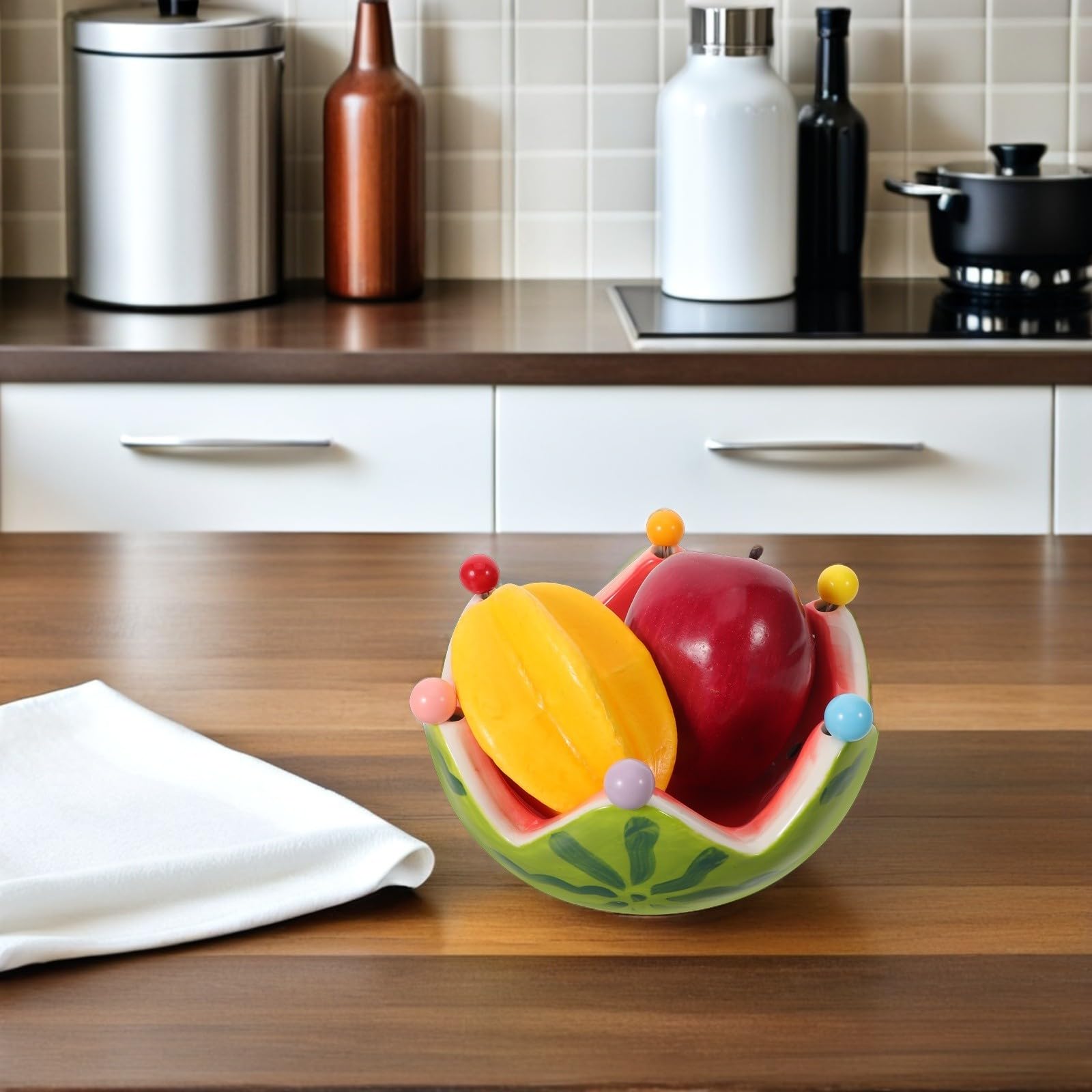 Artibetter Frutero Decorativo de Cerámica con Forma de Sandía y Tenedores