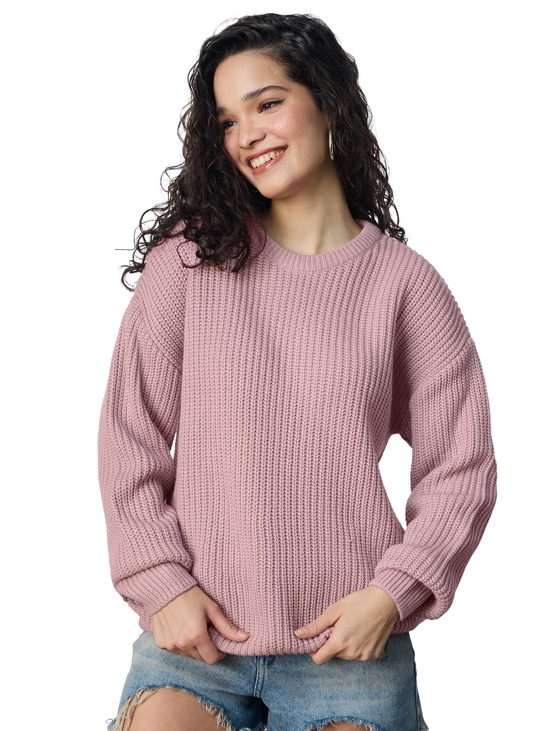 Knitted Sweater: Blush Women and Girls Long Sleeves Round Neck Solid Pull Over Acrylic Oversized Sweaters-image-48