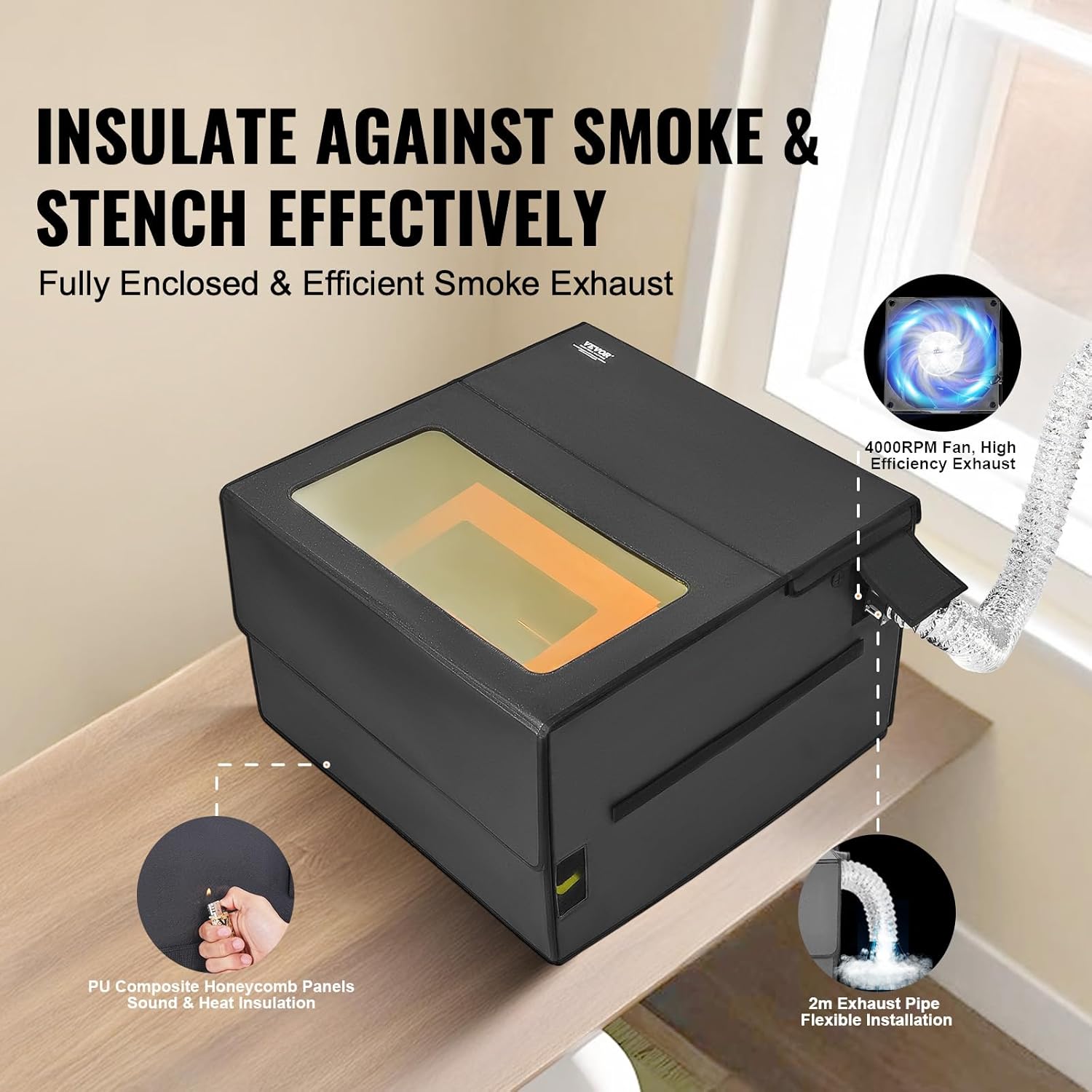 VEVOR Laser Engraver Enclosure, 31.5 x 31.5 x 19.6", Flame Retardant and Fireproof Protective Cover, with Exhaust Fan and Pipe, Insulates Smoke, Noise and Eye Protection, Fits for Most Laser Engraver