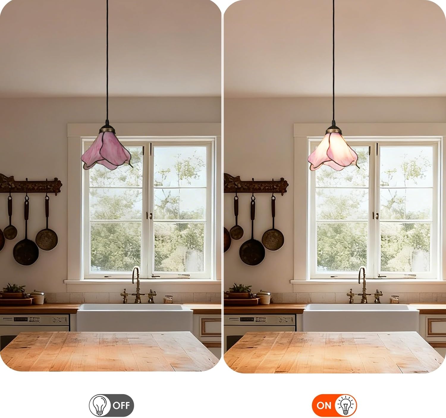 8-Inch Pink Glass Ceiling Pendant Light, Vintage Style Semi Flush Mount Light Fixture, Adjustable Single Head Hanging Lamp for Dining Room Kitchen Island Farmhouse