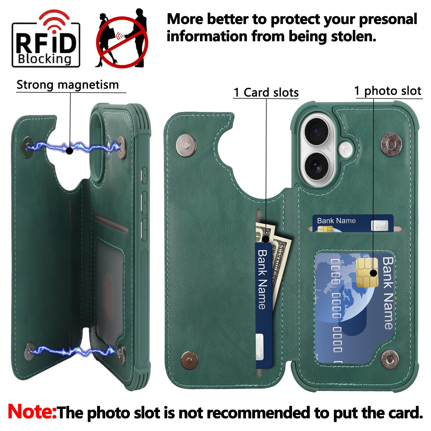 VANAVAGY Compatible for iPhone 16 Wallet Case with Credit Card Holder,Rfid Block Leather Flip Folio Phone Cover Fits Magnetic Car Mount and Stand with Screen Camera Protector,Forest Green - Image 3