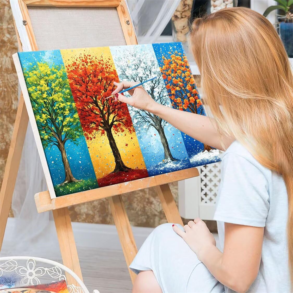 Árboles de cuatro estaciones Pintura por Números para Adultos Principiantes 100x130 cm, kit con Lienzo sin Arrugas, Pinceles y Pintura Acrílica, Pintura al óleo para Decor del Hogar (Sin Marco) I-657