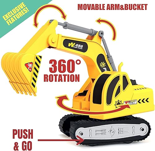 Vista 4 de MOBIUS Toys Paquete de 2 camiones de juguete de construcción, volquete y excavadora a escala 1:12 con luces y sonidos, juguete grande realista