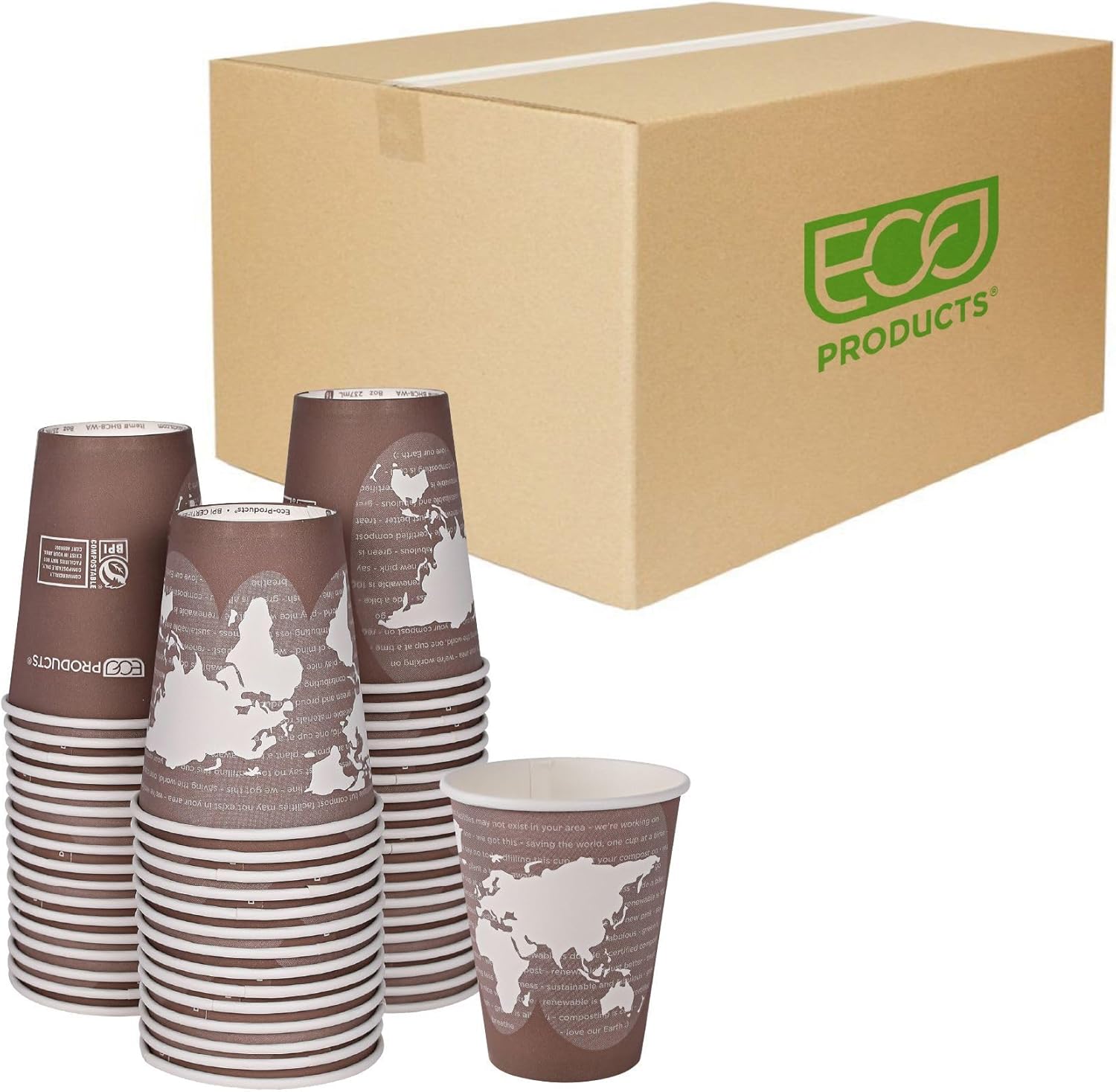 ECO PRODUCTS Compostable Disposable World Art 8oz Small Coffee Cups, Case of 1000, Renewable Hot Paper Cup, Plant Based PLA Lining, Color Coded